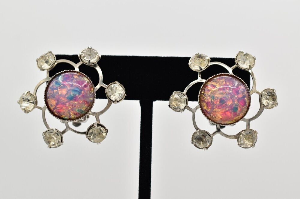 Vintage Opal Cabochon Clip On Earrings Atomic Flower Starburst Chunky 80s BinA23